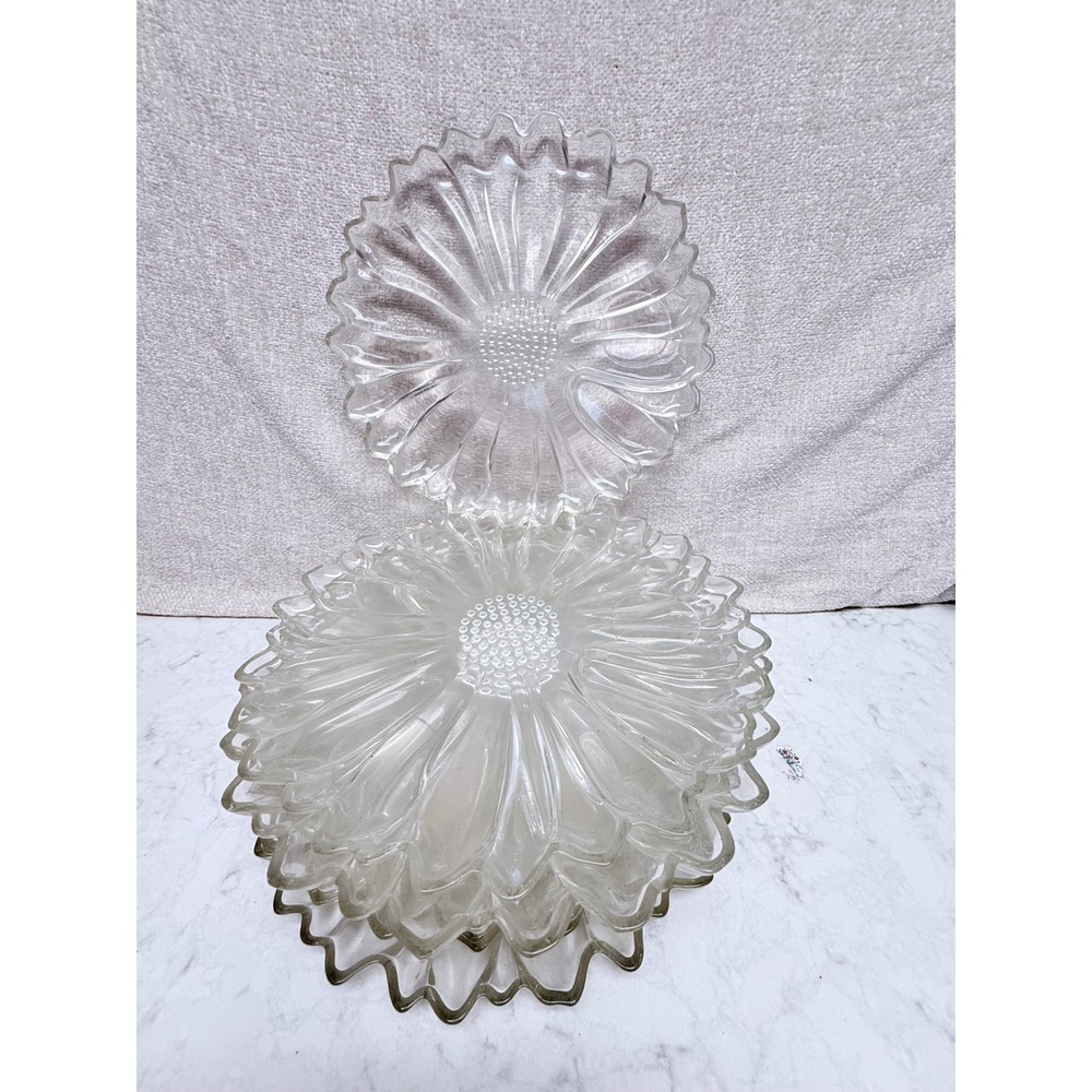 Hazel atlas Vintage Glass Sunflower Daisy Floral Scalloped Plates Set of 8